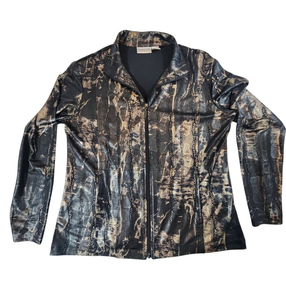 Chico’s Travelers Metallic Animal Print Zip Front Jacket Size 1 Med lighhtweight